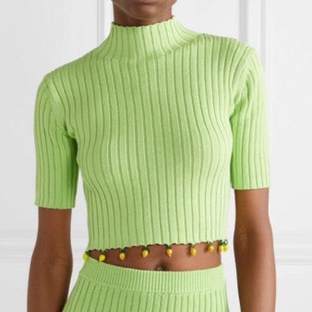 Staud pistachio green ribbed cropped mock neck rocky sweater lemon beads